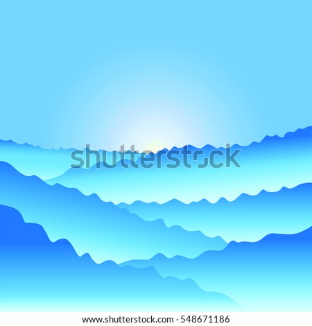 Sunrise in the mountains, high mountain ranges, graphic, misty, dawn, fresh, blue, cool