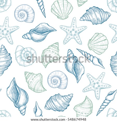 Hand drawn vector illustrations - seamless pattern of seashells.  Marine background. Perfect for invitations, greeting cards, posters, prints, banners, flyers etc Royalty-Free Stock Photo #548674948