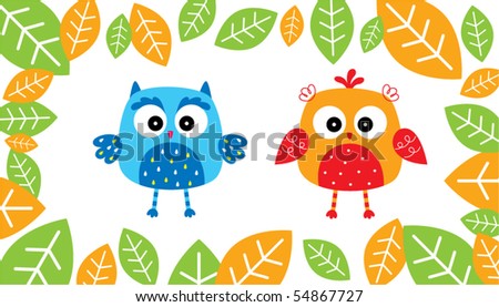 cute little owl couple in forest
