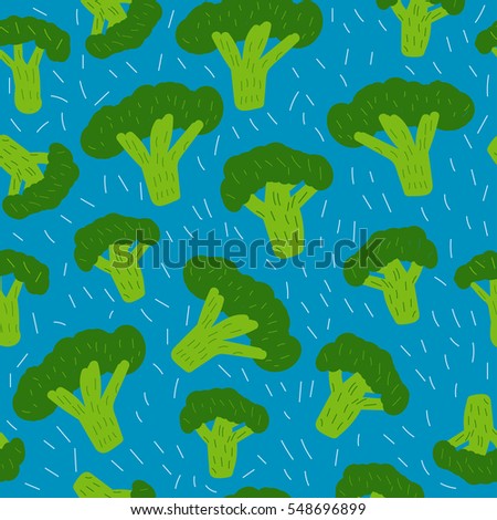 Seamless pattern with broccoli on blue background. 
