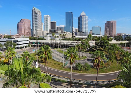 Skyline of Tampa, Florida with skyscrapers and office buildings