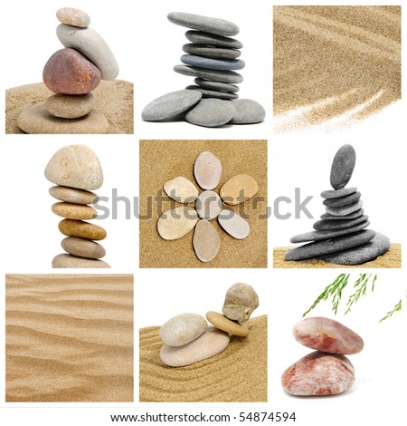 a collage of nine pictures of zen stones and zen garden