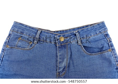 it is front of blue jeans isolated on white.
