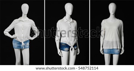 Three mannequin female in short ,jeans isolatedâ??black background 