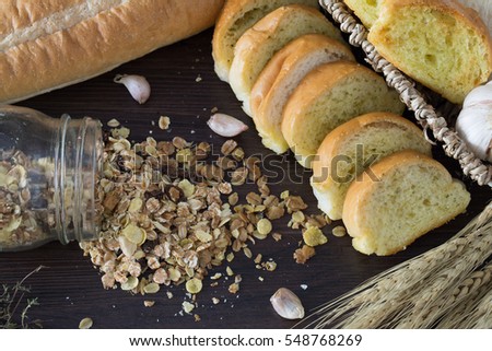 Breads with cereal and ingredient on wooden table / Still life and Select focus Image