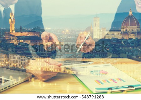 Double exposure photo woman showing business reports modern tablet,diagram screen.Banker manager holding pen for signs document, discussion startup idea.Investment work process.Florence italy