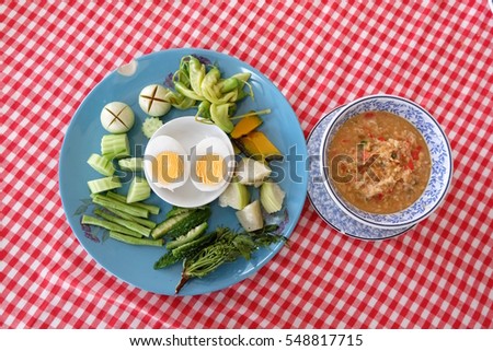 The shrimp chilli dip with fresh and boiled vegetable , Thai food , Street food