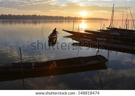 Mekong early morning,villager prepare boat to fishing , Nakhon Phanom Thailand , Border Thailand and Lao Royalty-Free Stock Photo #548818474