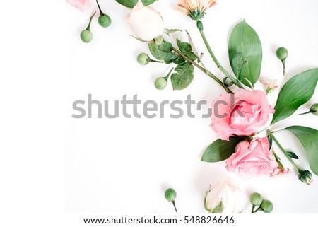 Roses on white background. Flat lay, top view. Valentine's background