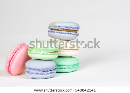 Cake macaron or macaroon on white background, sweet and colorful dessert
