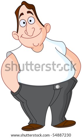 Smiling chubby man in a white shirt. His hands in his pocket