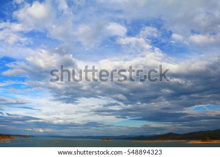 bright beautiful blue sky with clouds and water