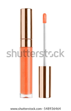 Orange color lip gloss in elegant glass bottle with golden lid, closed and open container with brush exposed, isolated on white background, clipping path included