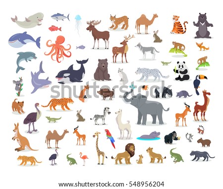 Big set of wild animals cartoon vectors. African, Australian, Arctic, Asian, South and North American fauna predators and herbivorous species.  Aquatic animals, fishes, tropical birds isolated icons  