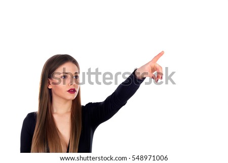 Blonde attractive girl indicating something with her finger isolated on a white background