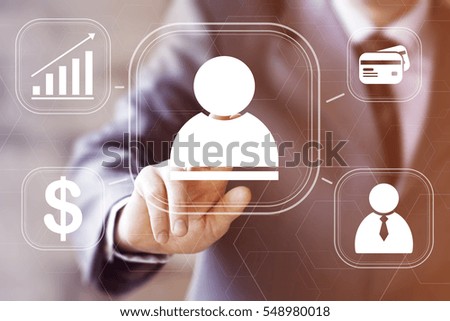 Businessman pressing button communication business group. Concept online network business.