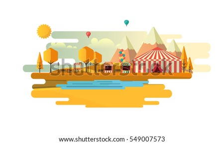 Amusement park at autumn daytime flat illustration
