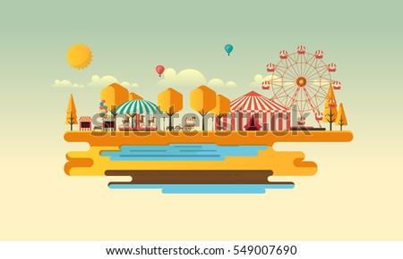 Amusement park at autumn daytime flat illustration
