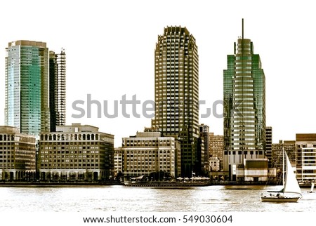 Architecture of famous skyscraper buildings in New York City. NYC powerful city of USA, panorama with Skyline over Hudson River for travel concept business, postcards.  Image with filter effect 