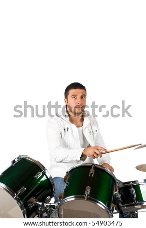 Serious drummer man playing set drums isolated on white background