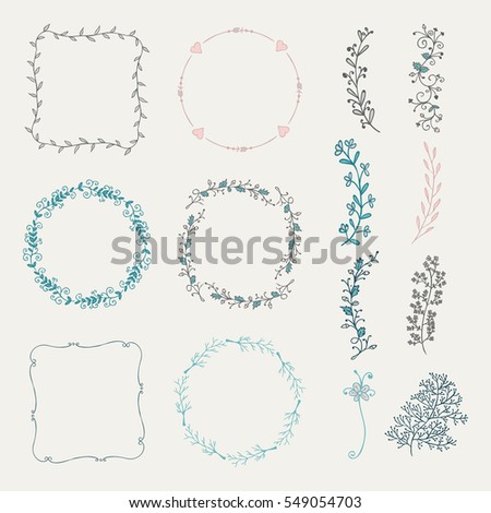 Collection of Colorful Artistic Hand Sketched Decorative Doodle Borders and Frames. Floral Design Elements. Hand Drawn Illustration. 