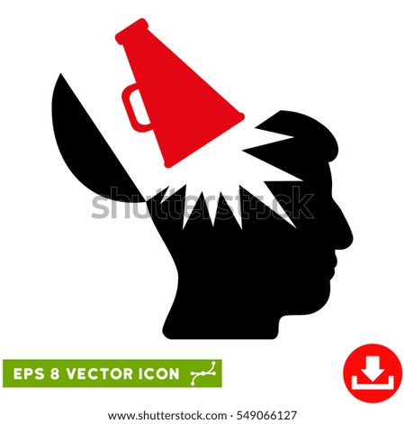 Open Brain Megaphone EPS vector icon. Illustration style is flat iconic bicolor intensive red and black symbol on white background.