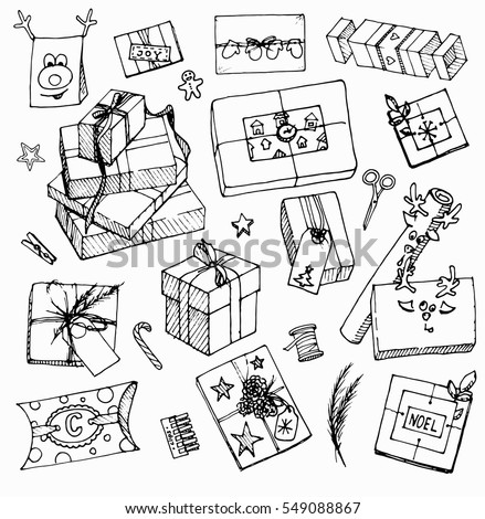 Vector sketches of gift wrapping on white background.