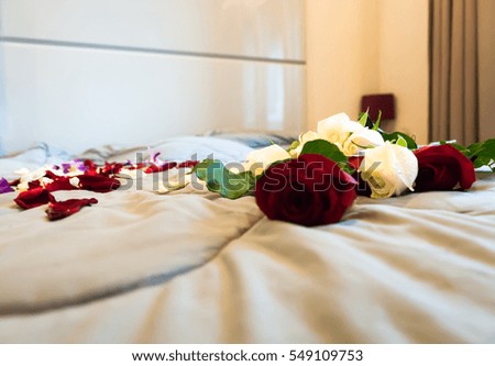 low key vintage style in natural lighting and shadow of blur white, red roses and rose petals on bed decorated for special period. Romantic set up for Valentine Day,Honeymoon,Wedding Anniversary