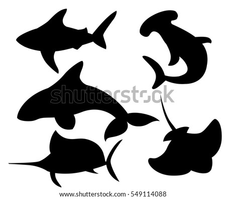 Vector set of sea marine fish and animals silhouette