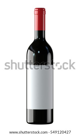 Red Wine bottle with white label. 3D render, isolated on white background.