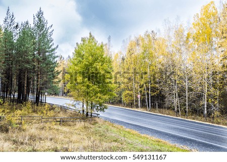 The landscape and the road. The colors of autumn. Low dark clouds.