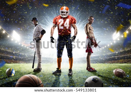 Multi sports proud players collage on grand arena Royalty-Free Stock Photo #549133801