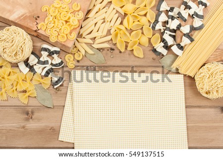Assorted Durum Wheat Pasta, Spaghetti, Penne, Macaroni, Noodles. Top View