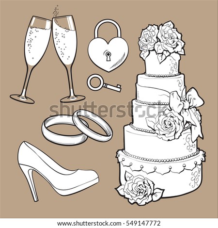Set of wedding icons - cake, rings, glasses of champagne and lock with a key, sketch style illustration isolatedon brown background. Realistic hand drawing of wedding objects, symbols, elements