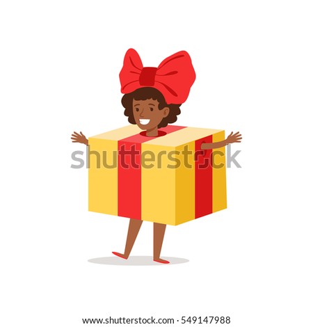 Girl In Present Outfit Dressed As Winter Holidays Symbol For The Costume Christmas Carnival Party