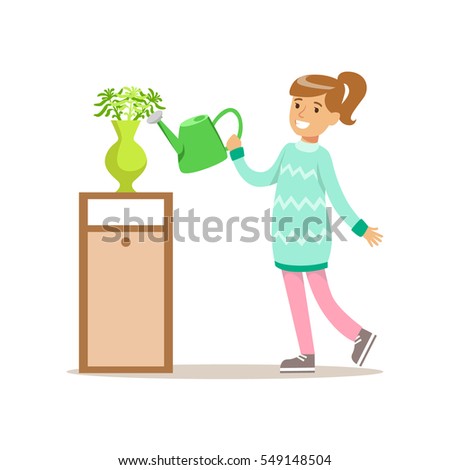 Girl Watering Home Plants Smiling Cartoon Kid Character Helping With Housekeeping And Doing House Cleanup