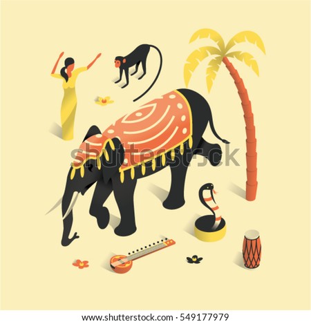 India, vector isometric concept illustration, 3d icon set, poster, traditional symbol, : woman, monkey, palm tree, elephant, snake cobra, sitar, lotus flower, drum