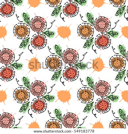 Vector seamless floral pattern with flowers, leaves, decorative elements, splash, blots, drop Hand drawn contour lines and strokes Doodle sketch style, graphic vector drawing illustration.