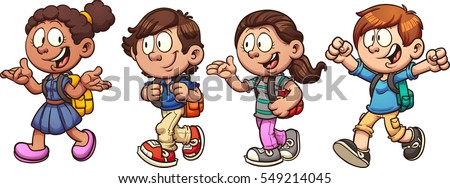 Kids walking and talking back to school. Vector clip art illustration with simple gradients. Each on a separate layer. 