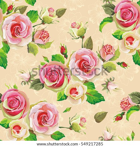 Blooming English roses seamless pattern. Spring vintage floral background. Beautiful vector illustration texture