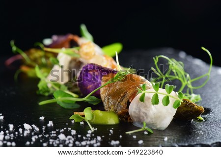 Haute cuisine, Gourmet food scallops with asparagus and lardo bacon Royalty-Free Stock Photo #549223840