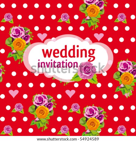Polka dot wedding invitation card with roses in vector