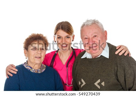 Picture of an old couple with their kind physician - isolated background