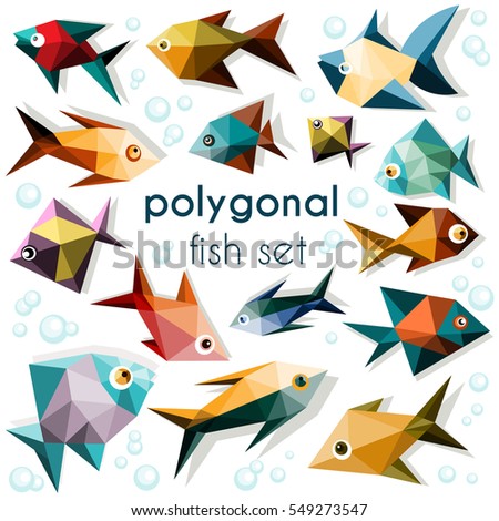 Bright polygonal fish set, colorful fish icons on white background