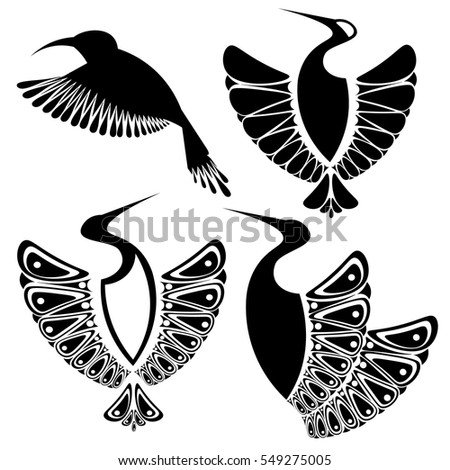 set of birds silhouettes on white, ornamental colibri illustration, stylized heron illustration