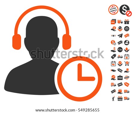 Operator Time pictograph with free bonus icon set. Vector illustration style is flat iconic symbols, orange and gray colors, white background.
