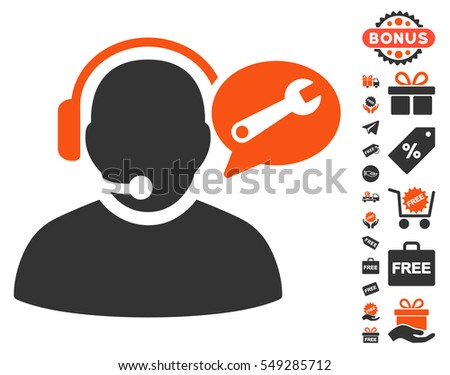 Operator Service Message icon with free bonus clip art. Vector illustration style is flat iconic symbols, orange and gray colors, white background.
