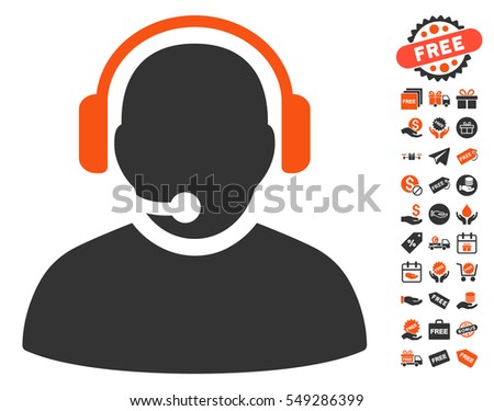 Operator pictograph with free bonus clip art. Vector illustration style is flat iconic symbols, orange and gray colors, white background.