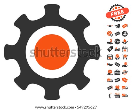 Cogwheel icon with free bonus symbols. Vector illustration style is flat iconic symbols, orange and gray colors, white background.