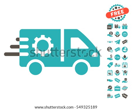 Service Car icon with free bonus symbols. Vector illustration style is flat iconic symbols, grey and cyan colors, white background.